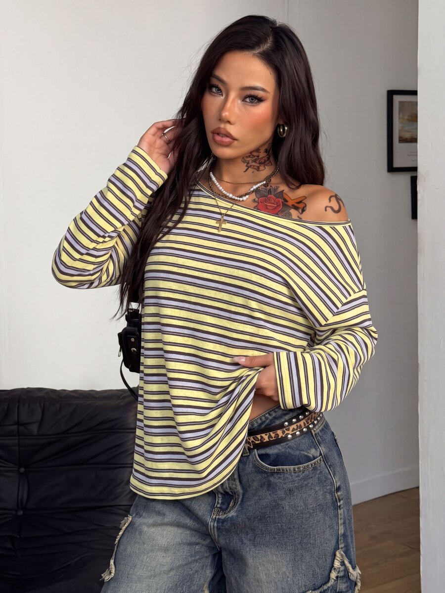 Women's brown striped boat neck long sleeve raglan T-shirt with a loose casual fit