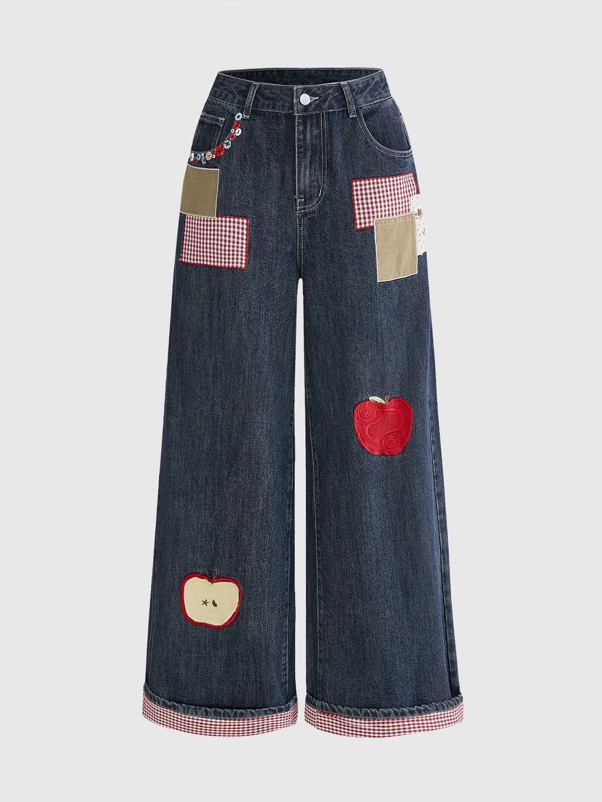 Women's loose baggy blue denim jeans featuring embroidered dragonfly and ladybug patch appliques, front pockets, and a straight-leg cut.