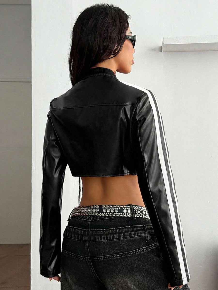 Front view of a women's black cropped PU leather jacket featuring a stand collar, long sleeves, and front zipper closure.