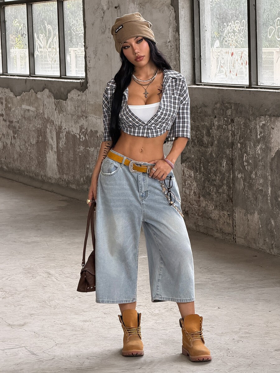 Women's plaid crop shirt with button front, chest pocket, short sleeves, and loose casual fit.