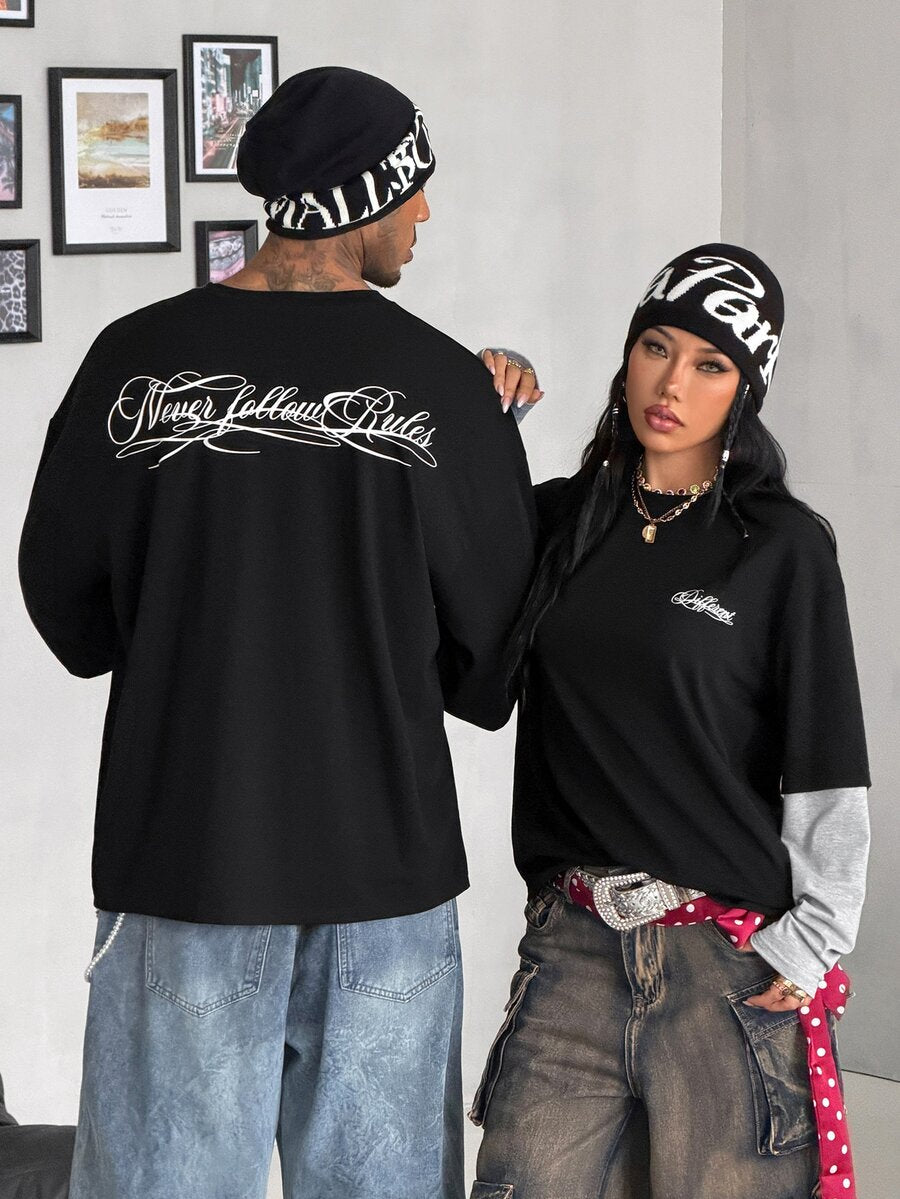 Women's casual graphic long sleeve t-shirt with a round neck, drop shoulder sleeves, and loose relaxed fit.