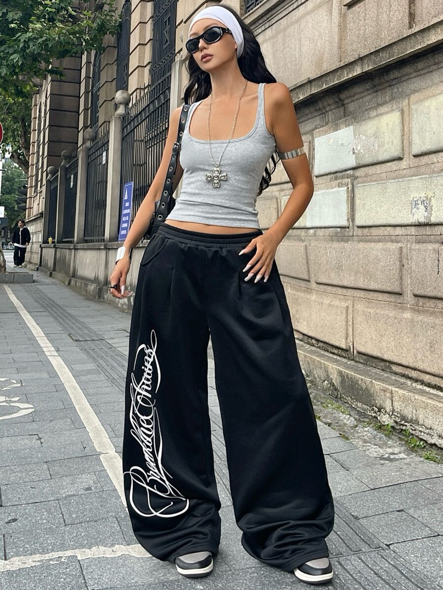 Women's loose straight leg casual pants with drawstring elastic waist and pockets