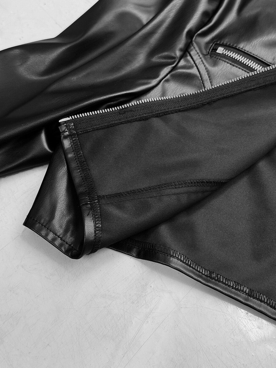 Women's metallic grey cropped faux leather jacket featuring a stand collar and asymmetrical zip front closure.