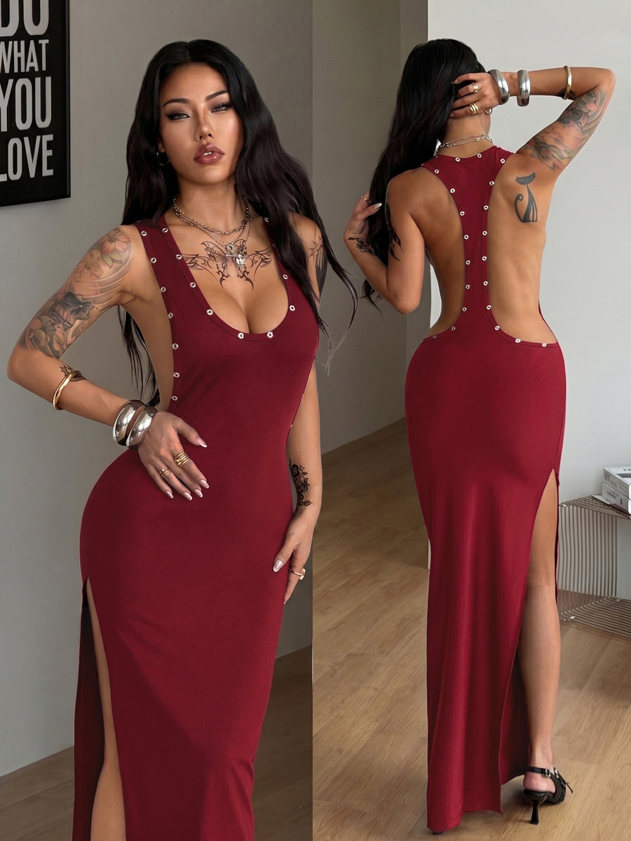 Front and side view of a women's black sleeveless bodycon maxi dress featuring a round neckline, open back, and high leg slit with metallic grommet eyelet details.