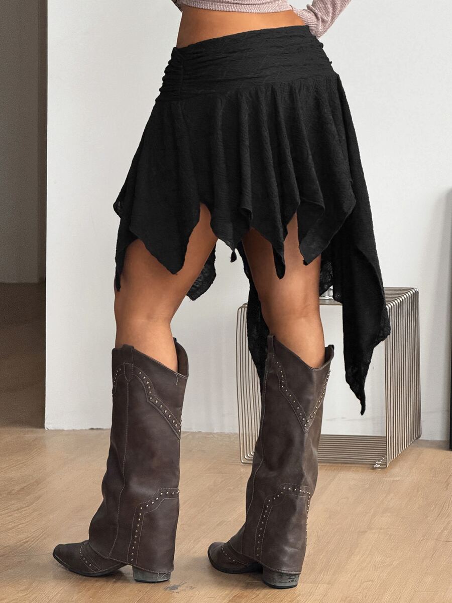 Women's floral lace mini skirt in white with asymmetrical ruffle trim and low waist design.