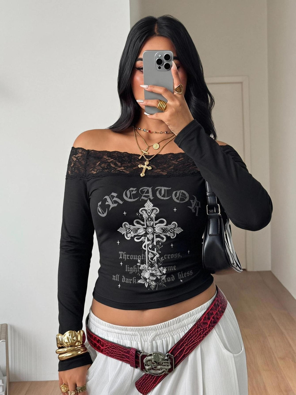 Women's striped off the shoulder long-sleeve top with contrast lace trim and ribbed knit texture.