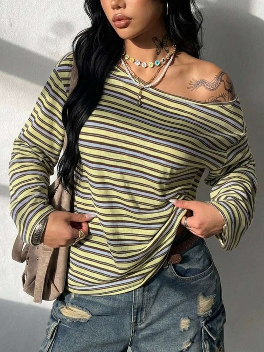 Women's brown striped boat neck long sleeve raglan T-shirt with a loose casual fit