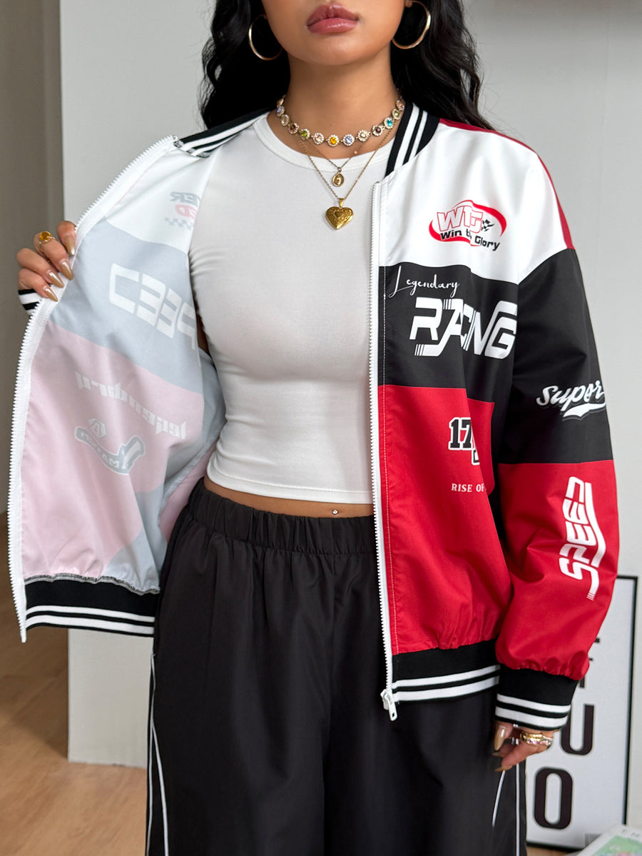 Unisex plus size red and black colorblock baseball bomber jacket with front zipper closure and drop shoulder long sleeves.