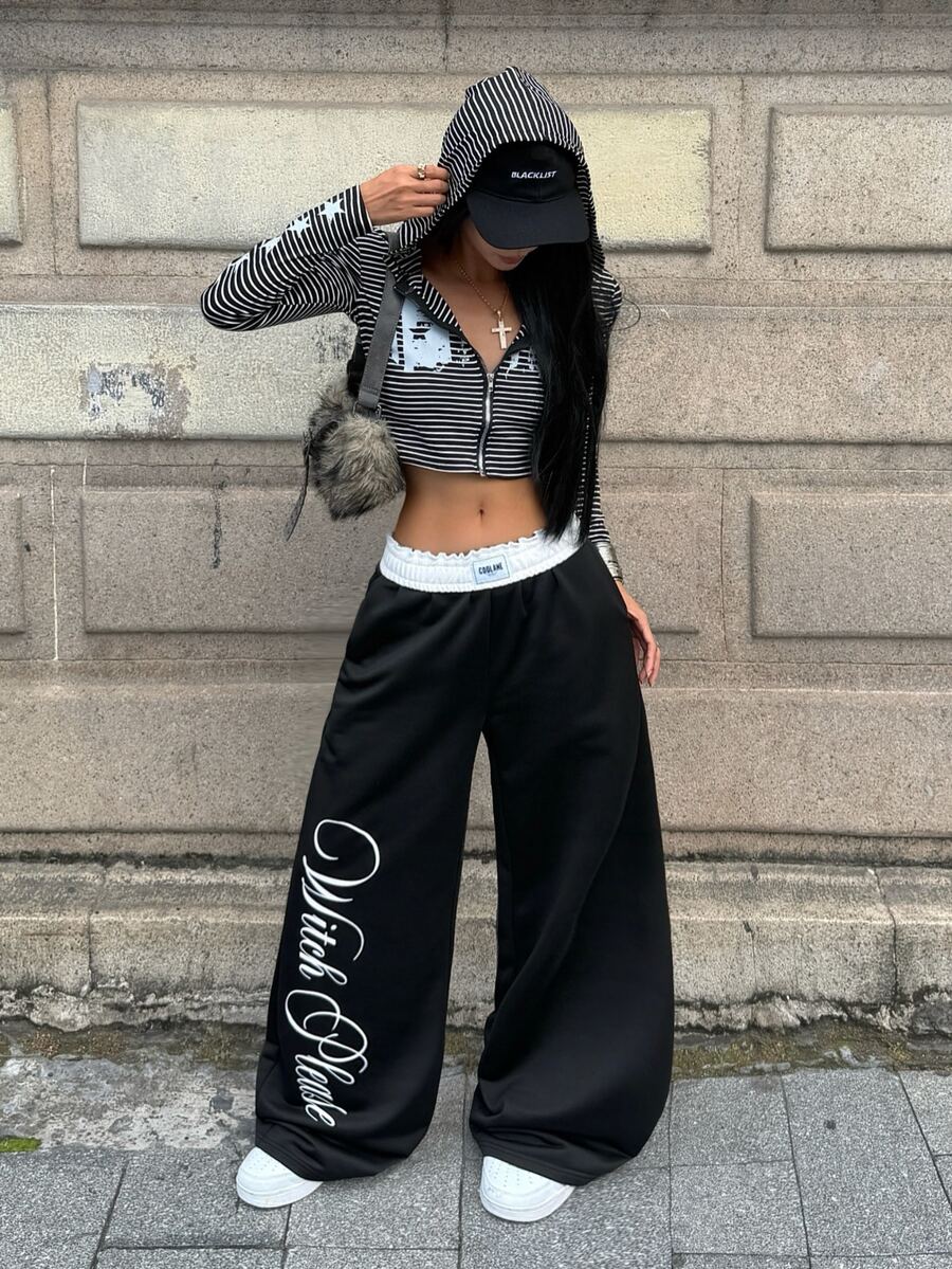 Women's striped straight leg casual trousers with elastic mid waist and side pockets