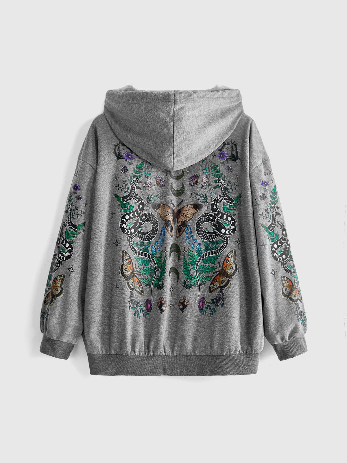 Women's plus size oversized zip-up sweatshirt jacket featuring a gothic graphic with coiled snake, butterfly, and thorn motifs, drawstring hood, and front pockets.