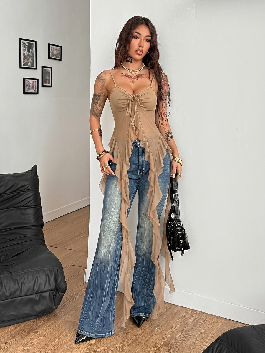 Burgundy sleeveless asymmetrical mesh long top for women featuring spaghetti straps and lace-up details with a slim fit.