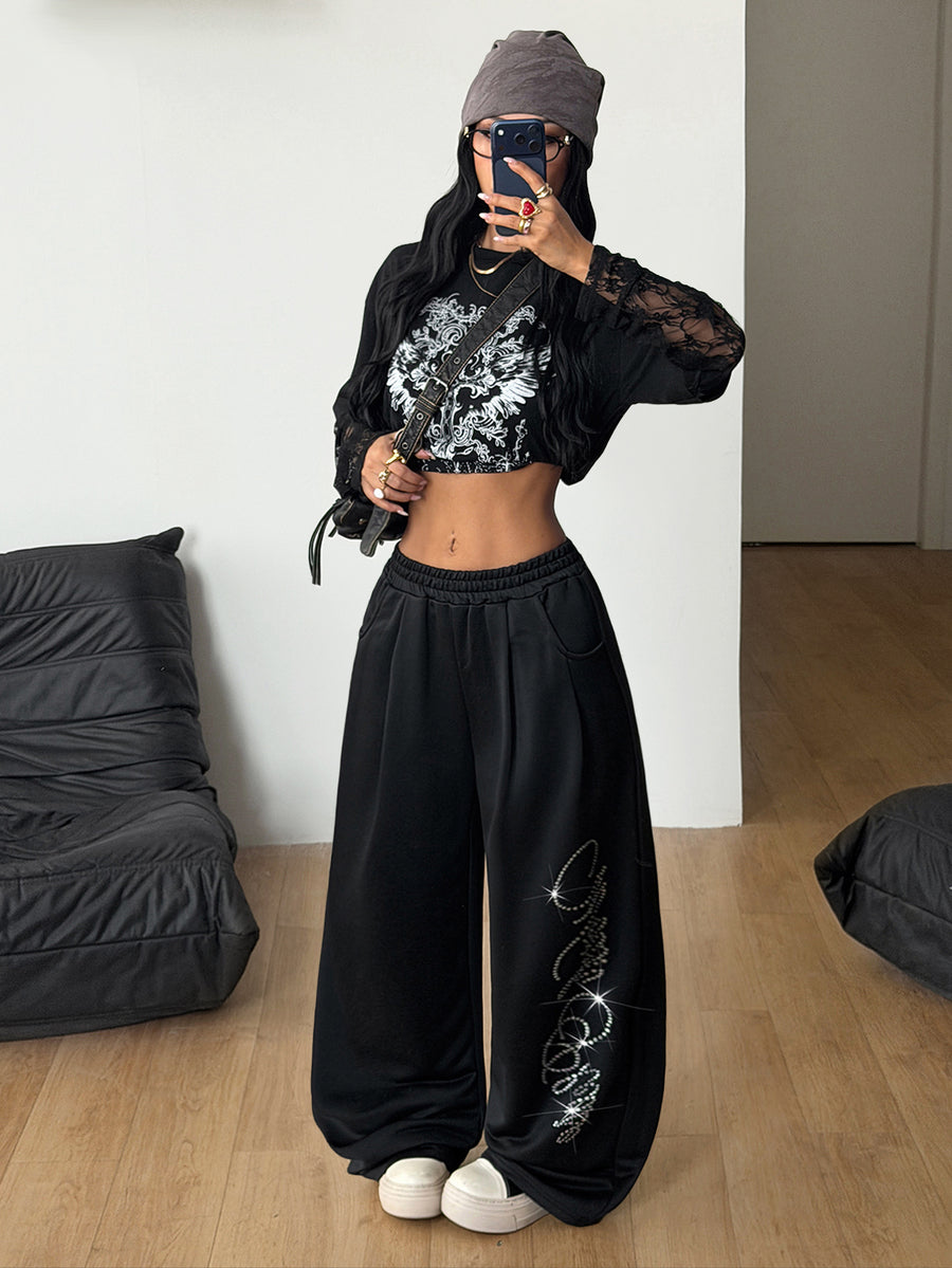 Women's loose straight leg casual pants with drawstring elastic waist and pockets