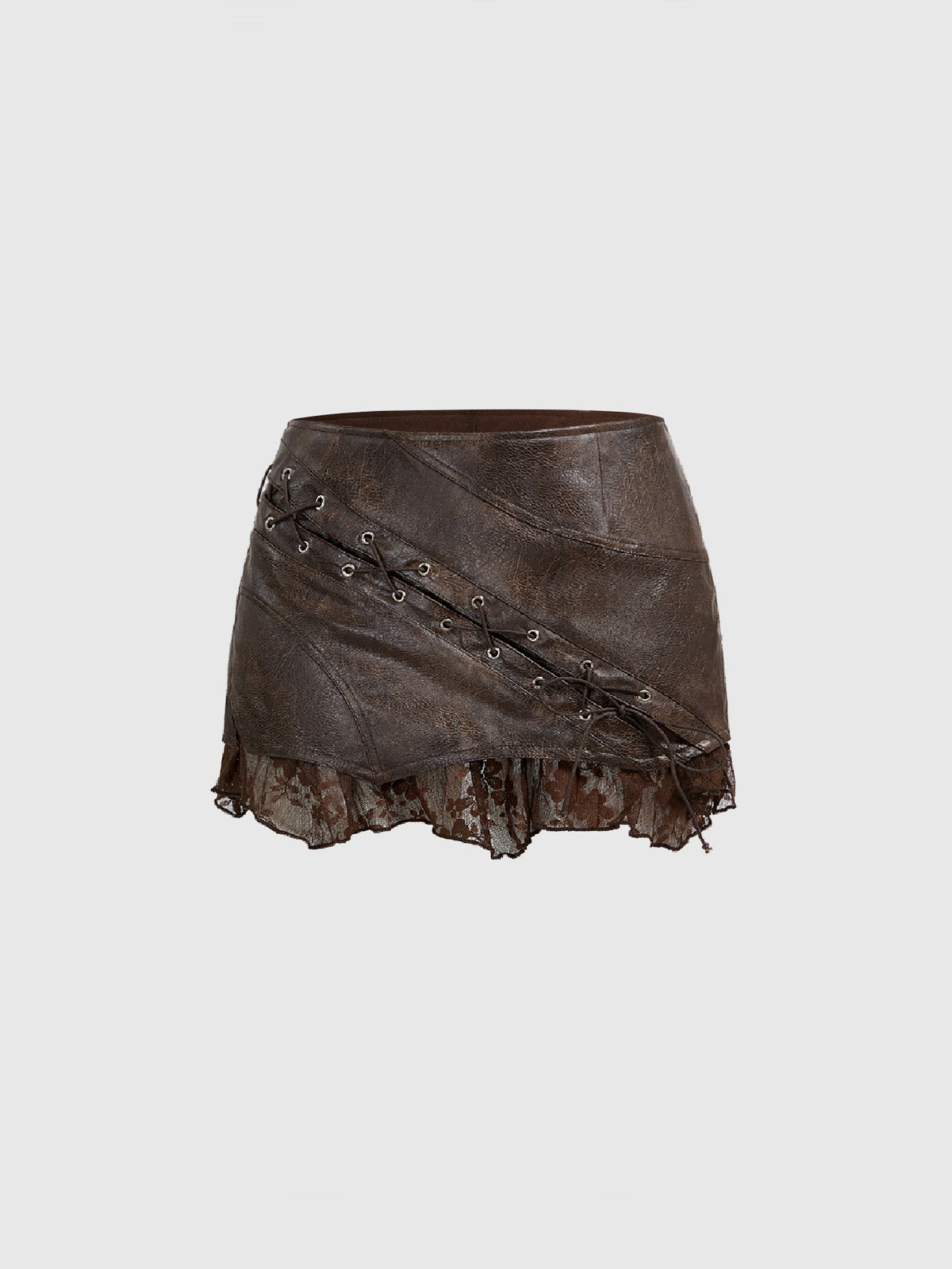 Women's washed PU leather mini skirt with contrast lace trim, wrap knot tie detail, and asymmetrical hem.