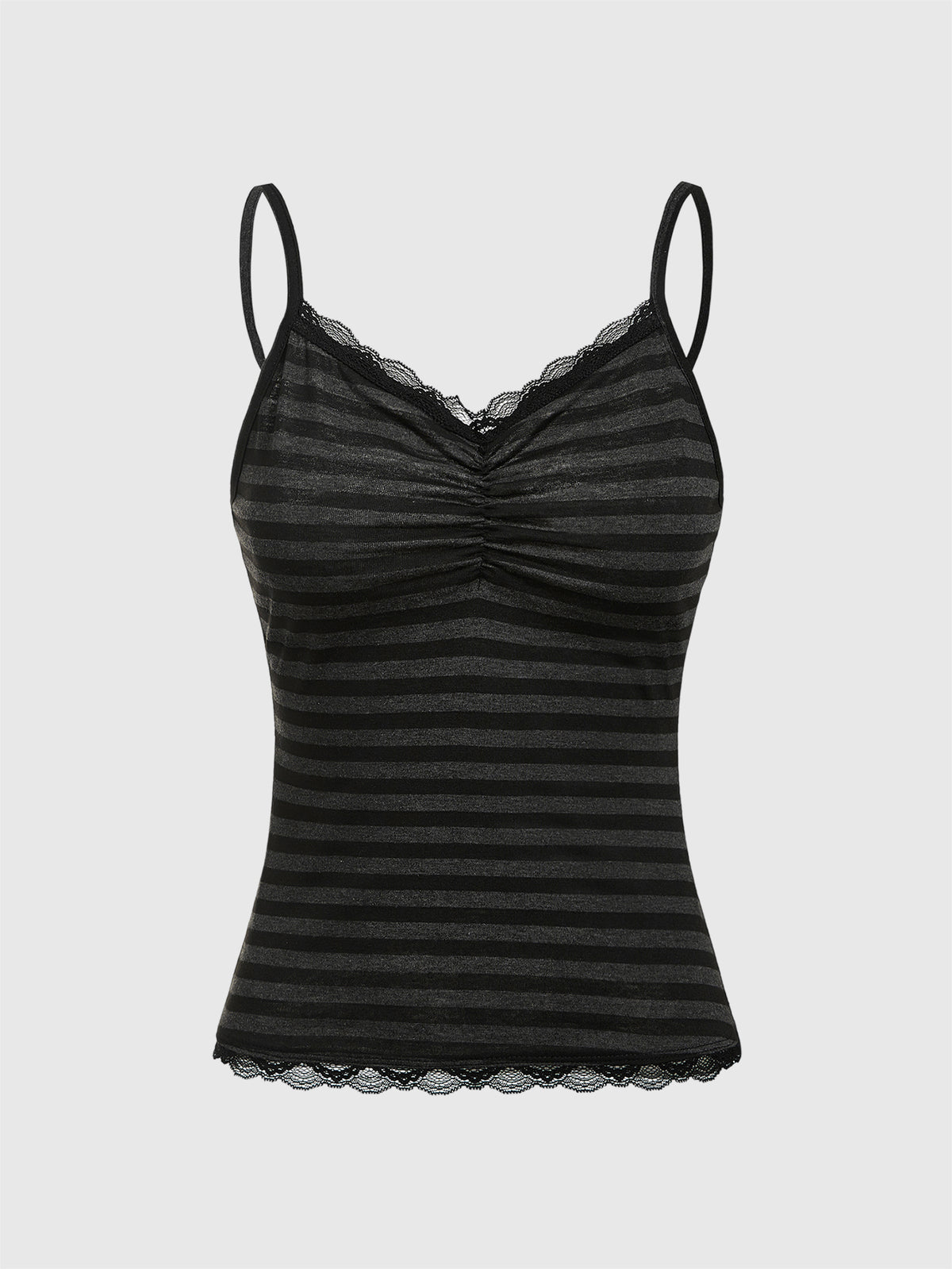 Women's striped rib-knit camisole top with contrast lace trim, ruched details, and spaghetti straps.
