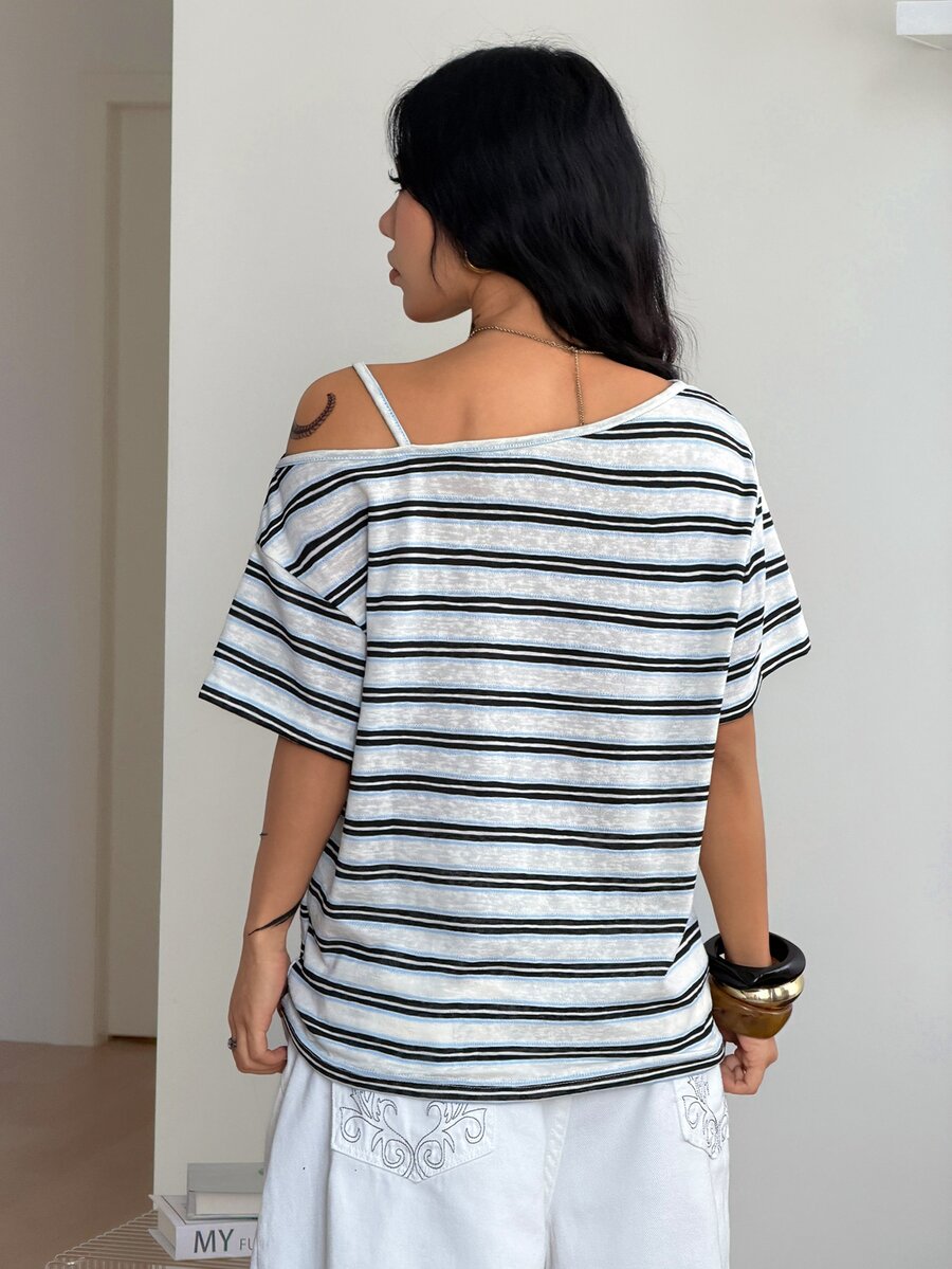 Women's casual loose fit cold shoulder cotton t-shirt with asymmetrical cutout neckline and short sleeves.