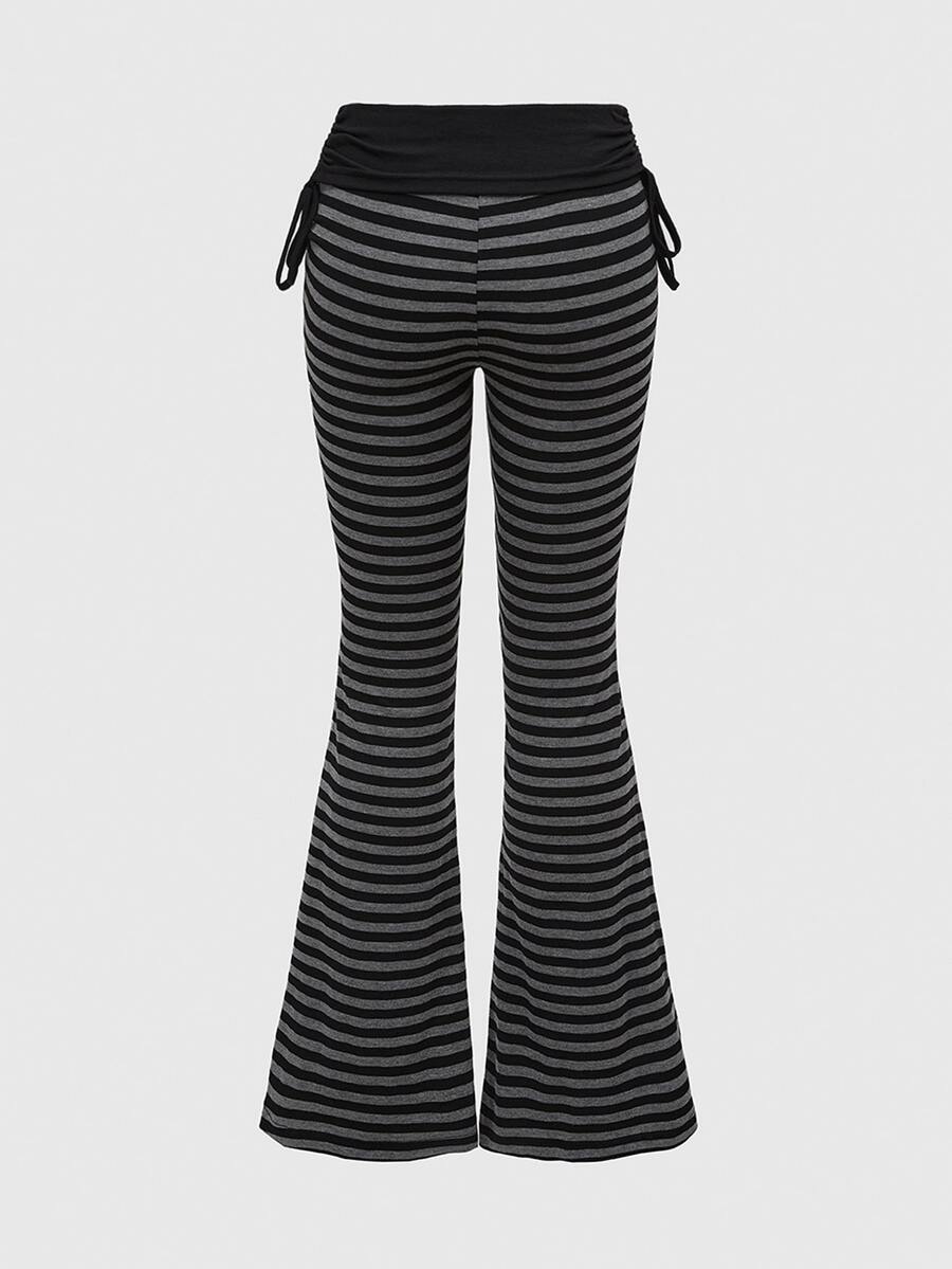 Women's low waist flare leg pants featuring an elastic drawstring waistband and ruched detail in knitted fabric.