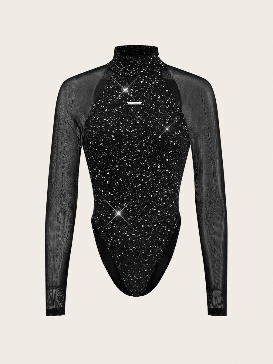 Women's slim fit lace bodysuit with extra-long sleeves, stand collar, and contrast sheer mesh details.