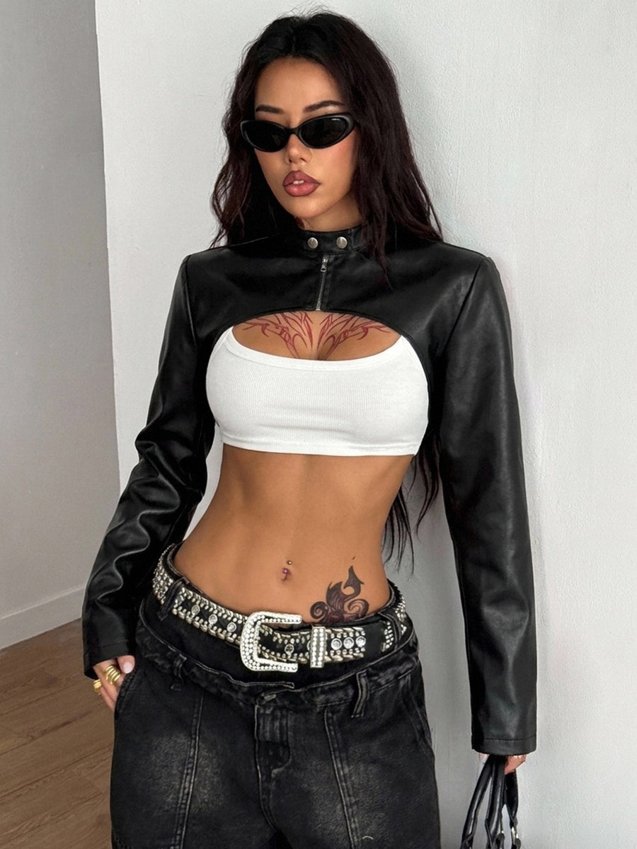 Front view of women's black cropped PU leather jacket featuring an asymmetrical hem, stand collar, and zipper hardware details.
