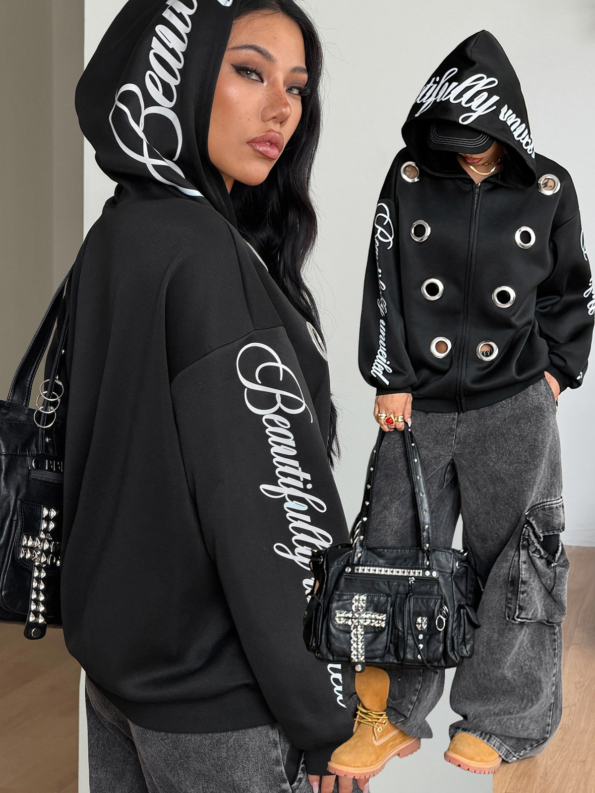 Women's brown leopard print zip-up hoodie with contrast faux fur trim and long bishop sleeves