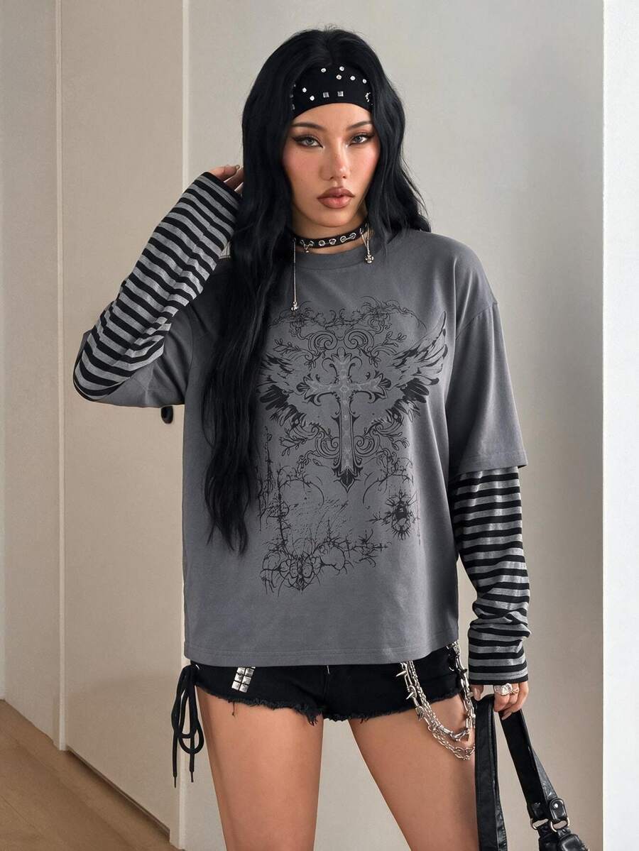 Women's casual graphic long sleeve t-shirt with a round neck, drop shoulder sleeves, and loose relaxed fit.