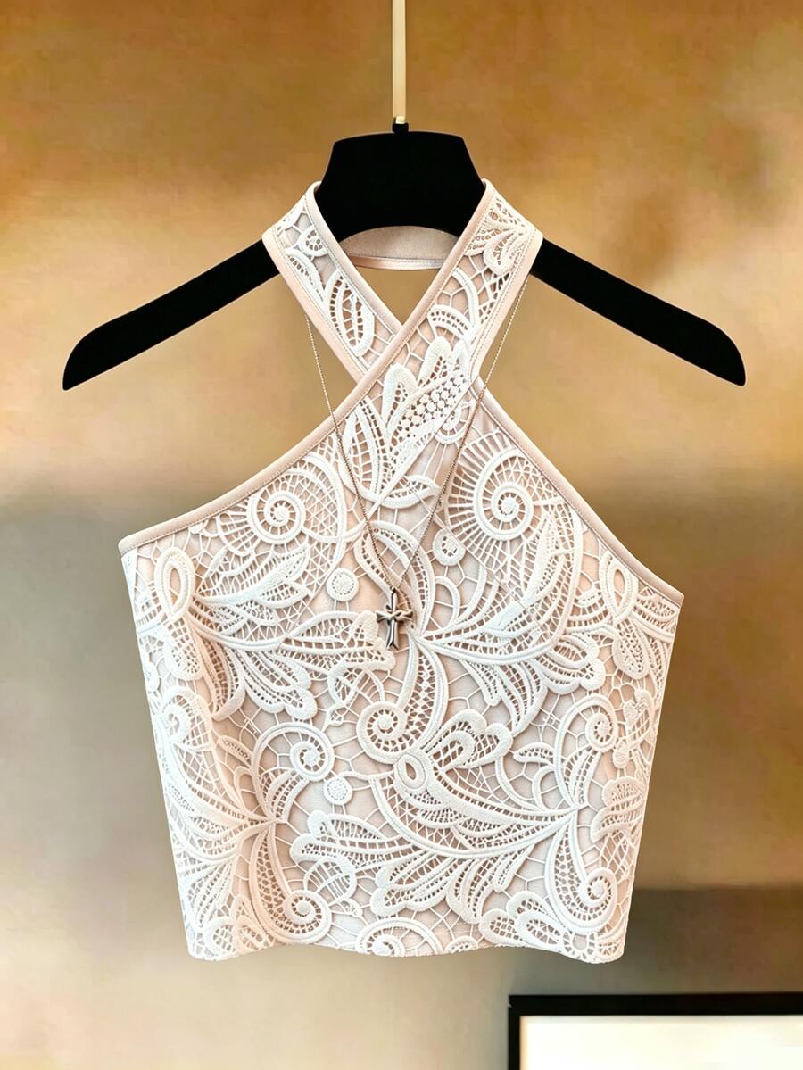 Apricot slim fit criss-cross halter tank top with folk plant print and backless design for women