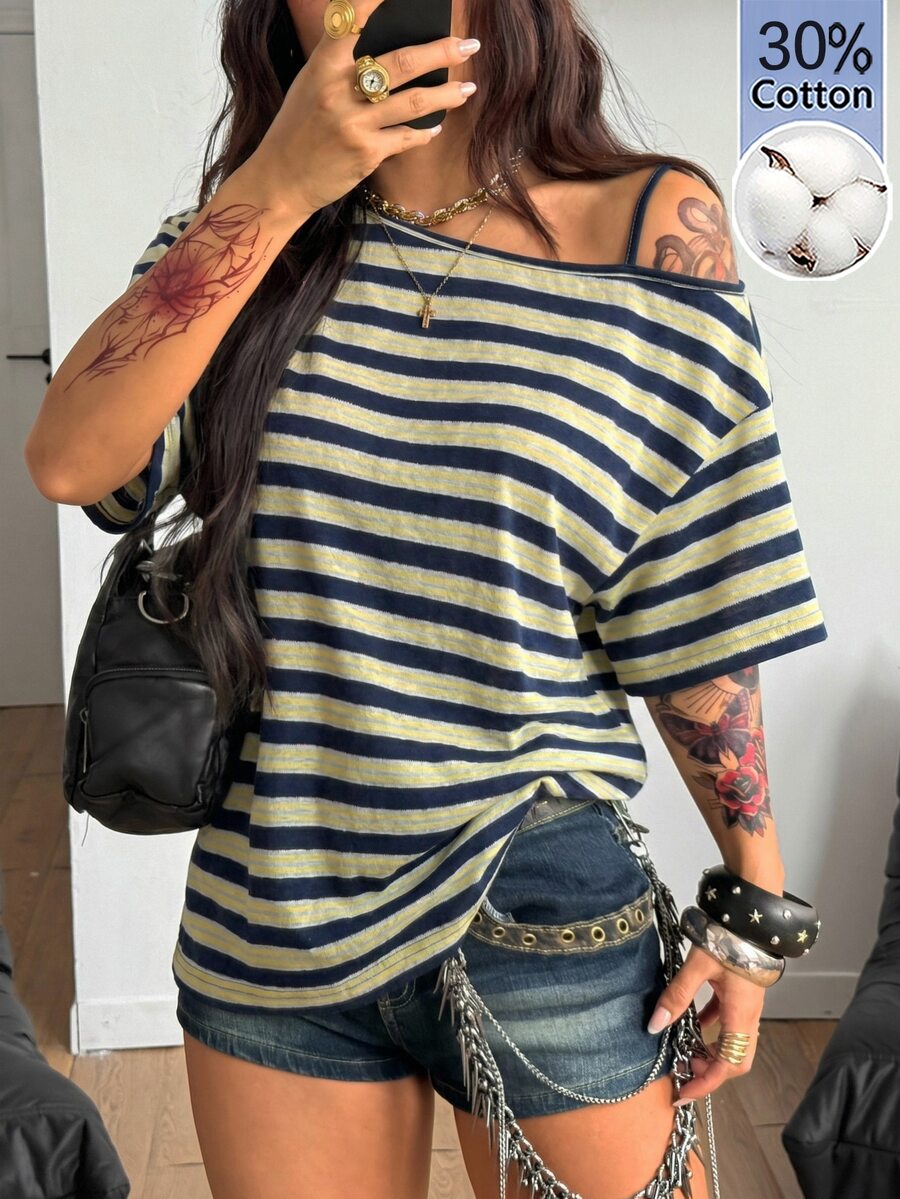 Women's casual loose fit cold shoulder cotton t-shirt with asymmetrical cutout neckline and short sleeves.