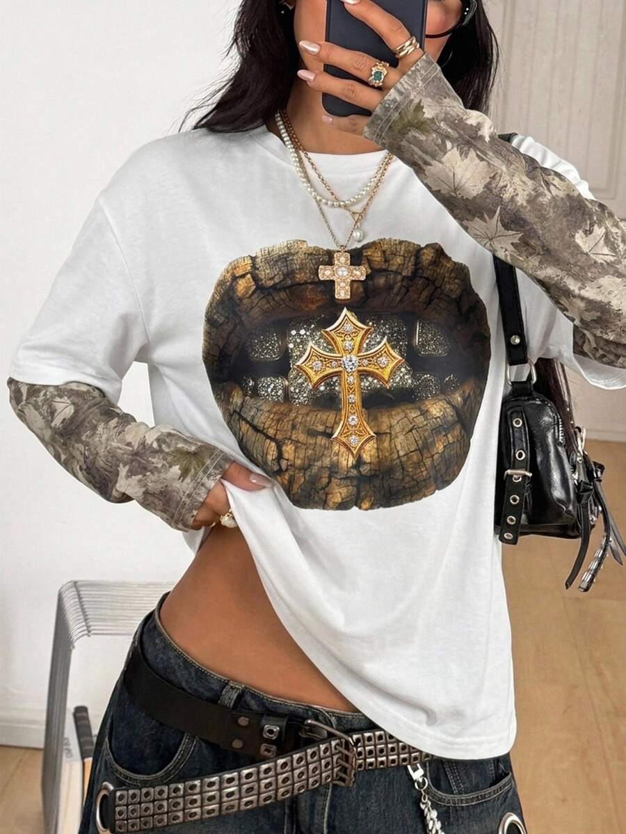 Women's casual graphic long sleeve t-shirt with a round neck, drop shoulder sleeves, and loose relaxed fit.