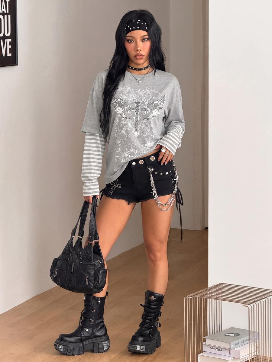 Women's casual graphic long sleeve t-shirt with a round neck, drop shoulder sleeves, and loose relaxed fit.