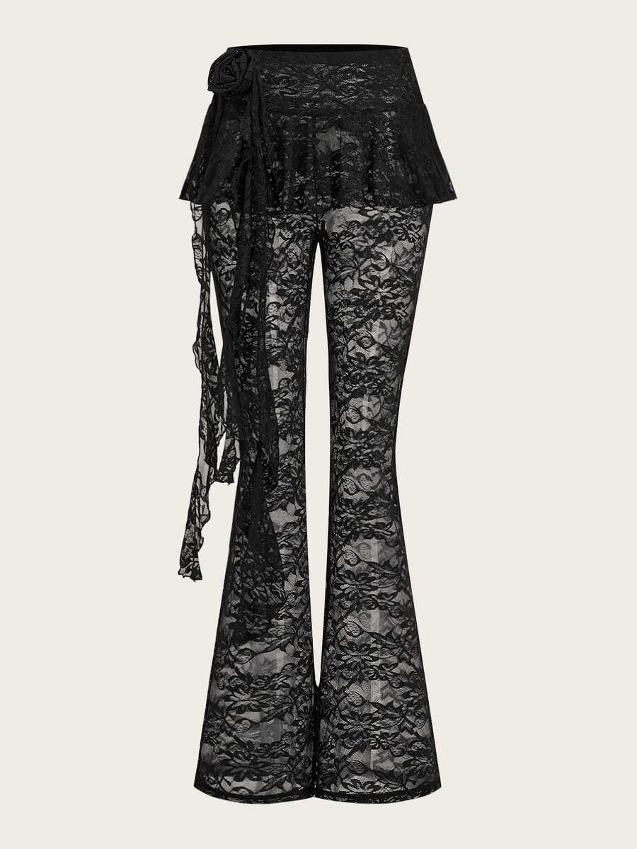Black high-waist flare leg pants featuring contrast lace trim, floral ribbon detail, and semi-sheer knitted fabric.