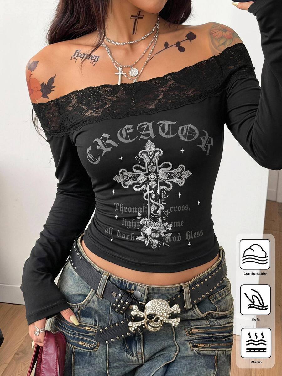 Women's striped off the shoulder long-sleeve top with contrast lace trim and ribbed knit texture.