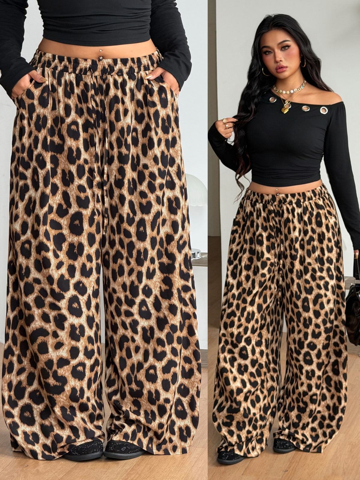 Women's loose straight leg cotton pants featuring a high waist with an adjustable drawstring knot and functional side pockets.