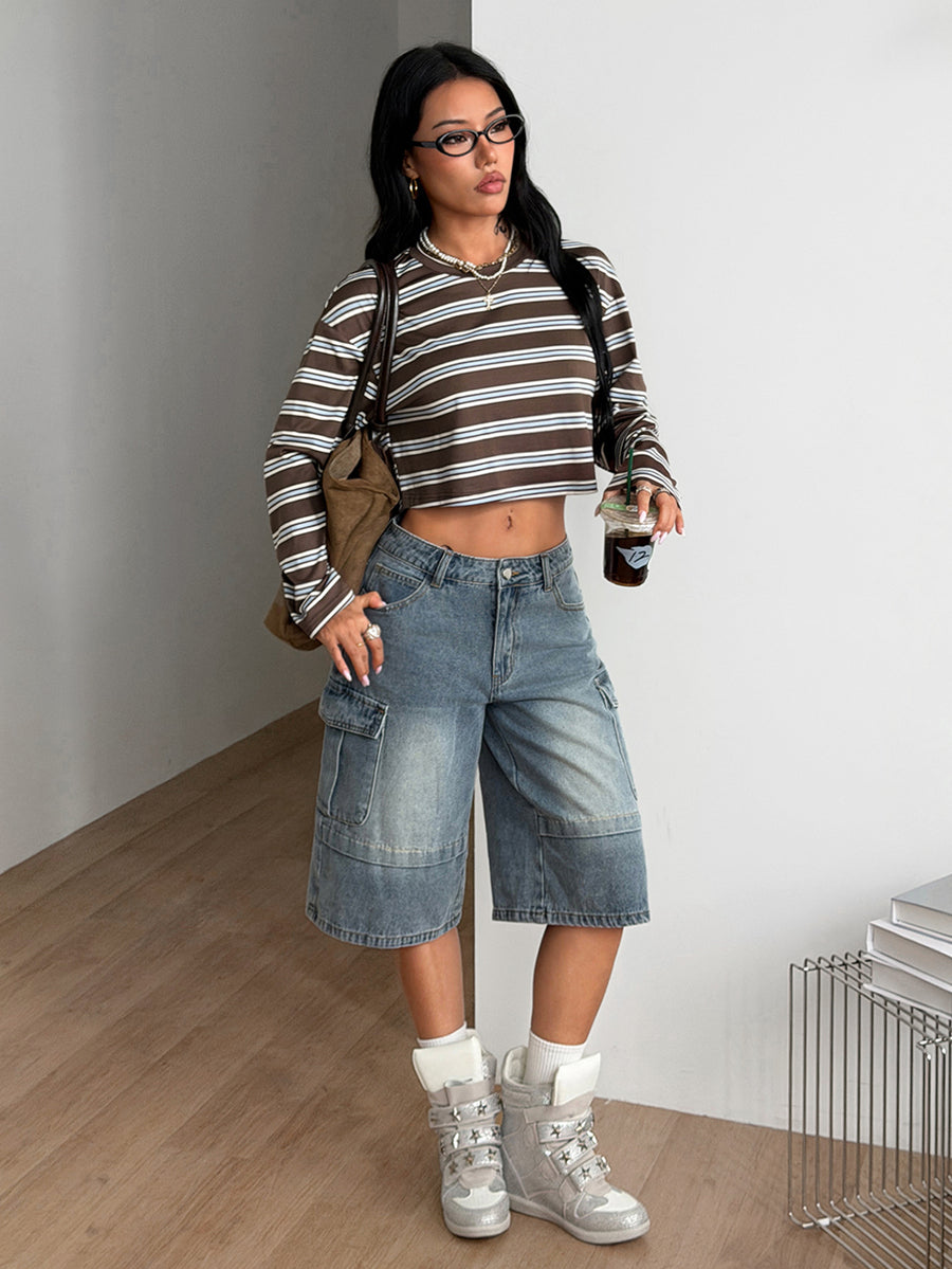 Women's coffee brown striped long sleeve crop top with a round neckline and drop shoulder design.