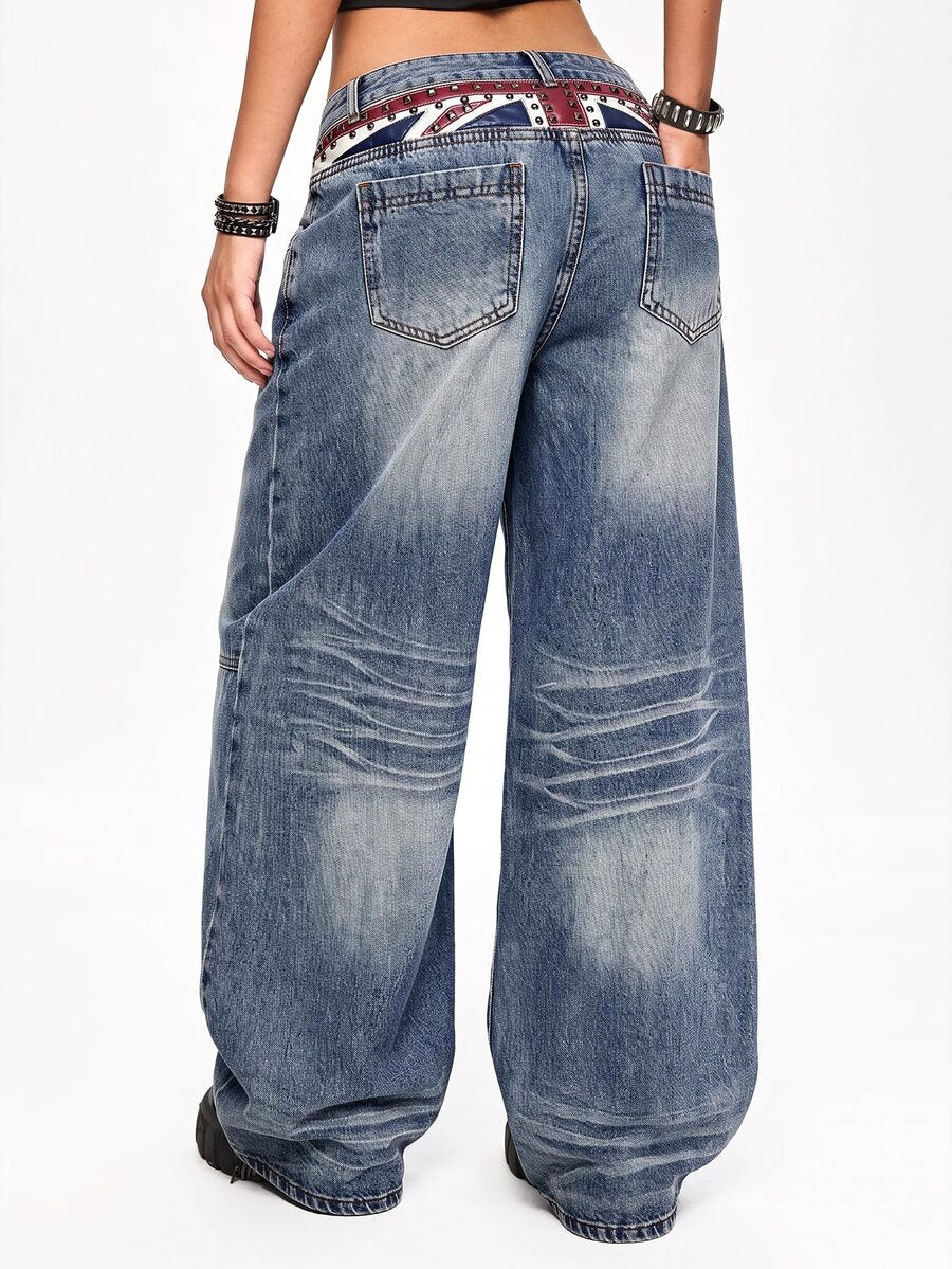 Women's low waist straight leg denim jeans with flag print and rivet accents in a loose baggy fit