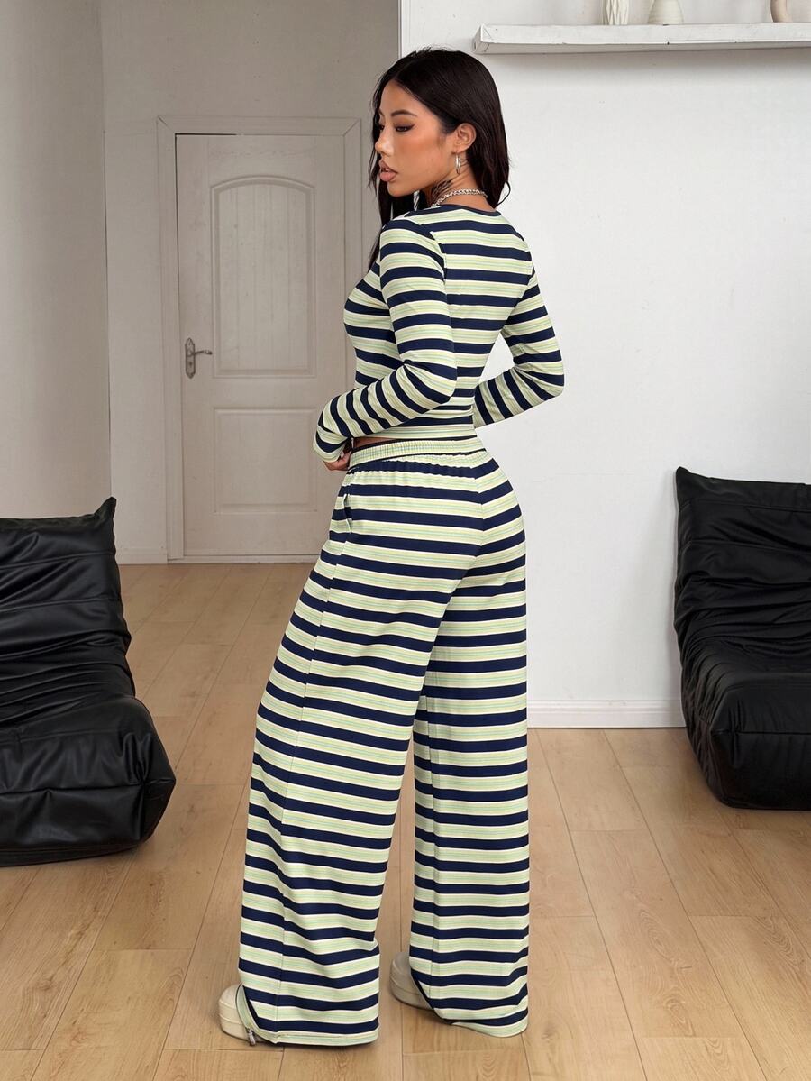 Women's two-piece knit homewear set featuring an army green striped long sleeve scoop neck top and matching straight-leg drawstring pants.