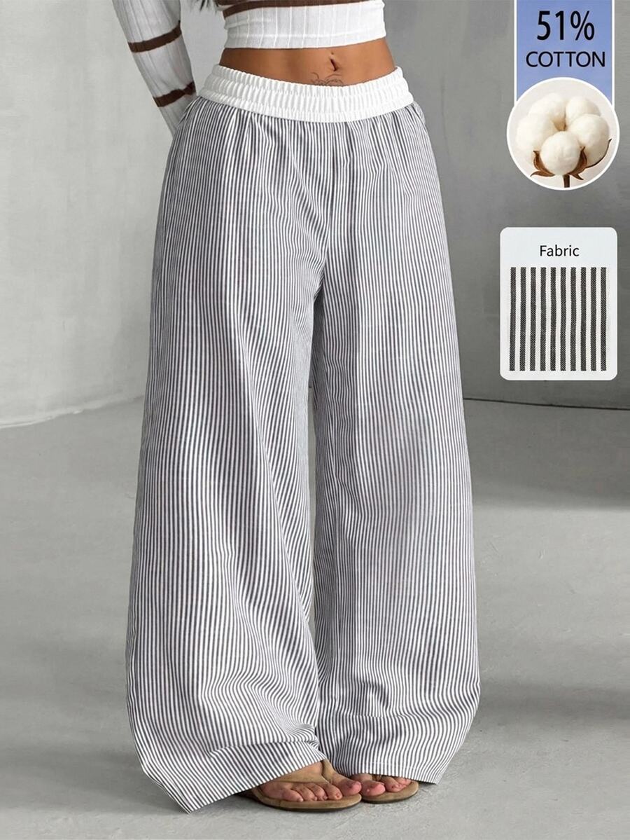 Women's striped straight leg casual trousers with elastic mid waist and side pockets