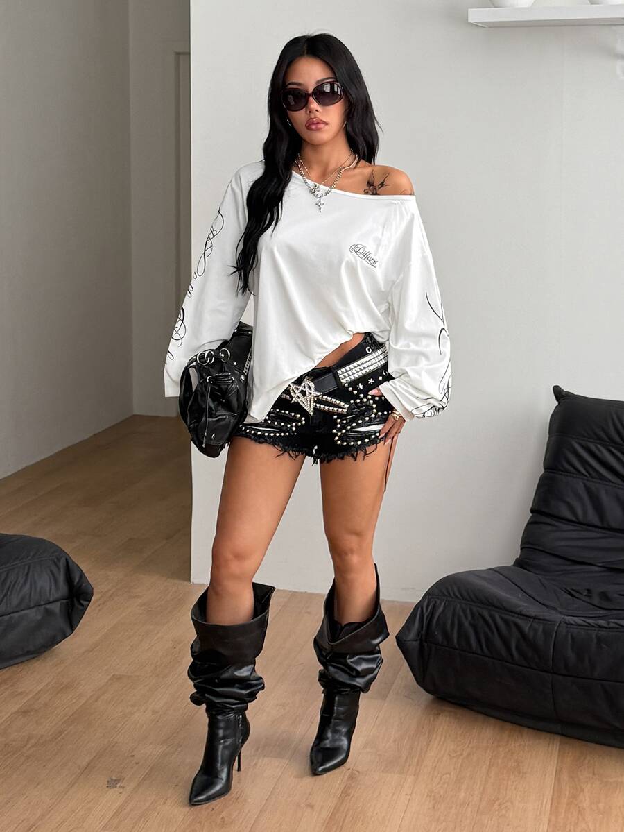 Women's brown striped boat neck long sleeve raglan T-shirt with a loose casual fit