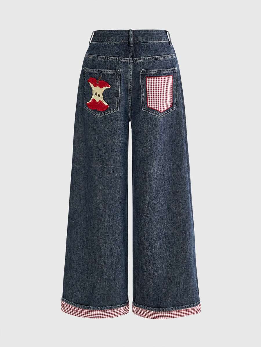 Women's loose baggy blue denim jeans featuring embroidered dragonfly and ladybug patch appliques, front pockets, and a straight-leg cut.