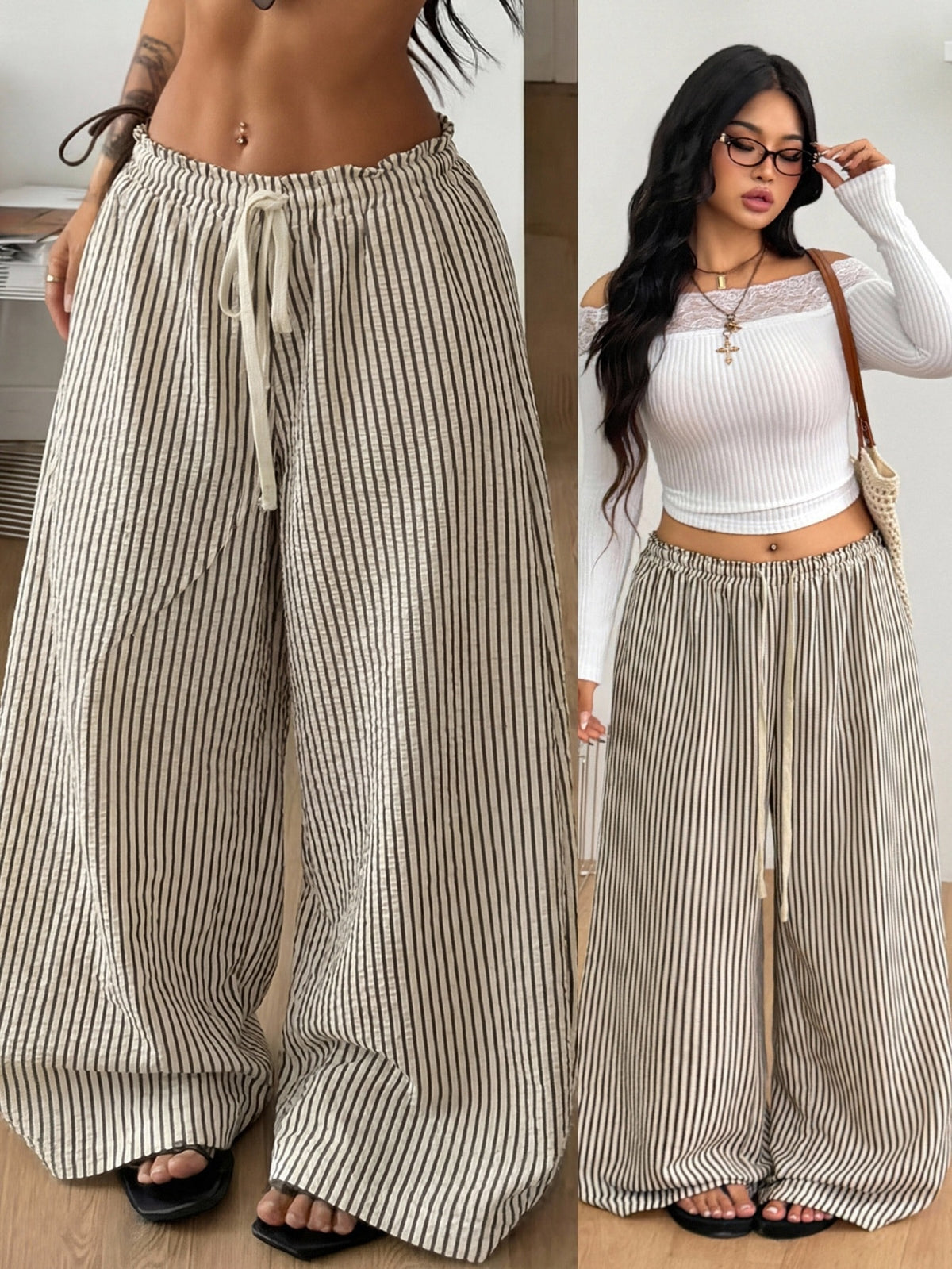 Women's loose straight leg cotton pants featuring a high waist with an adjustable drawstring knot and functional side pockets.