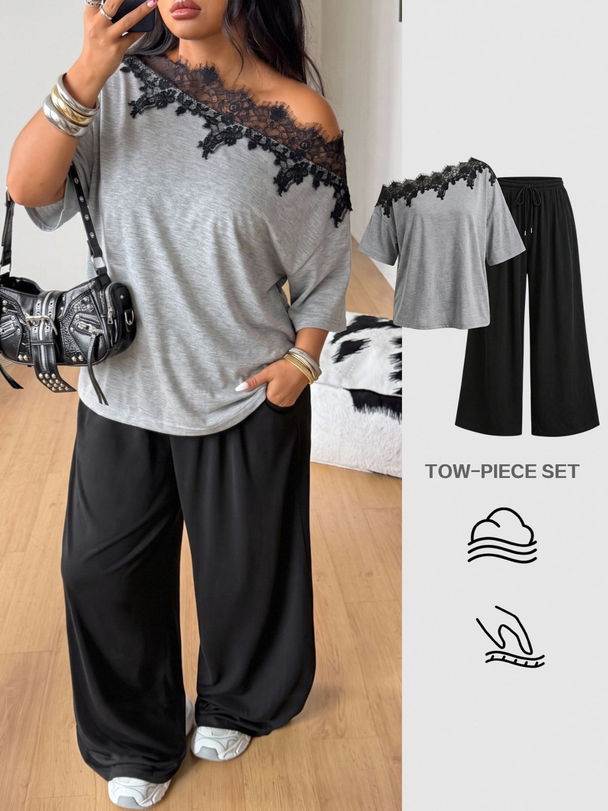 Women's casual two-piece outfit featuring a loose short-sleeve asymmetrical neck t-shirt and matching long wide leg pants with pockets.