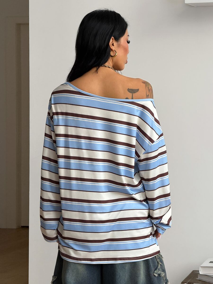Women's brown striped boat neck long sleeve raglan T-shirt with a loose casual fit