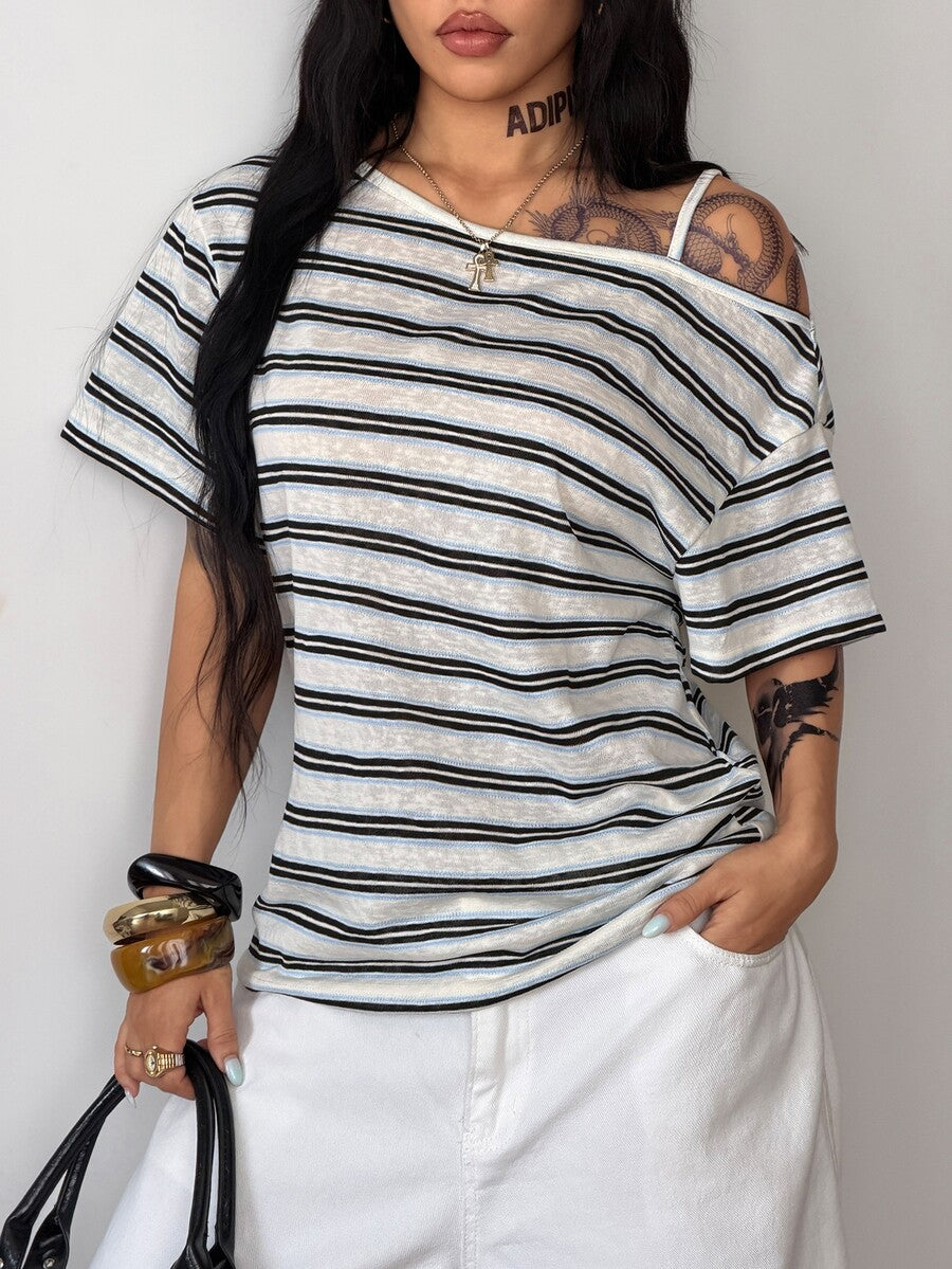 Women's casual loose fit cold shoulder cotton t-shirt with asymmetrical cutout neckline and short sleeves.