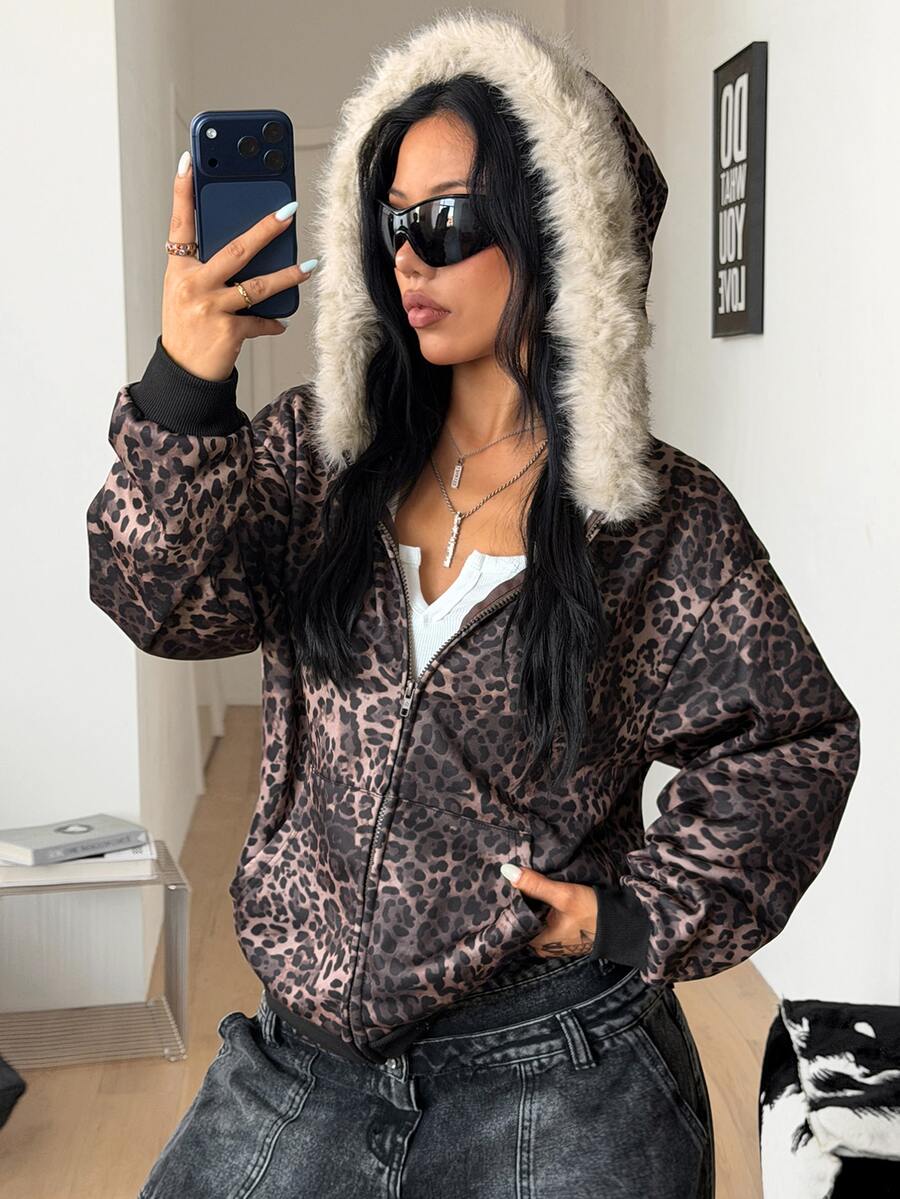 Women's brown leopard print zip-up hoodie with contrast faux fur trim and long bishop sleeves