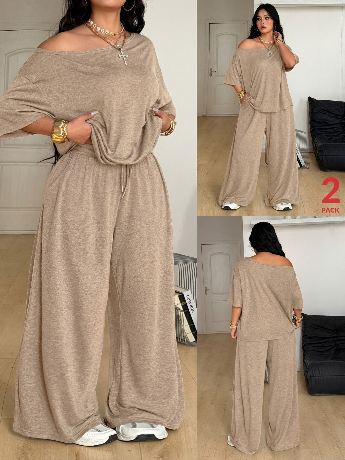 Women's casual two-piece outfit featuring a loose short-sleeve asymmetrical neck t-shirt and matching long wide leg pants with pockets.