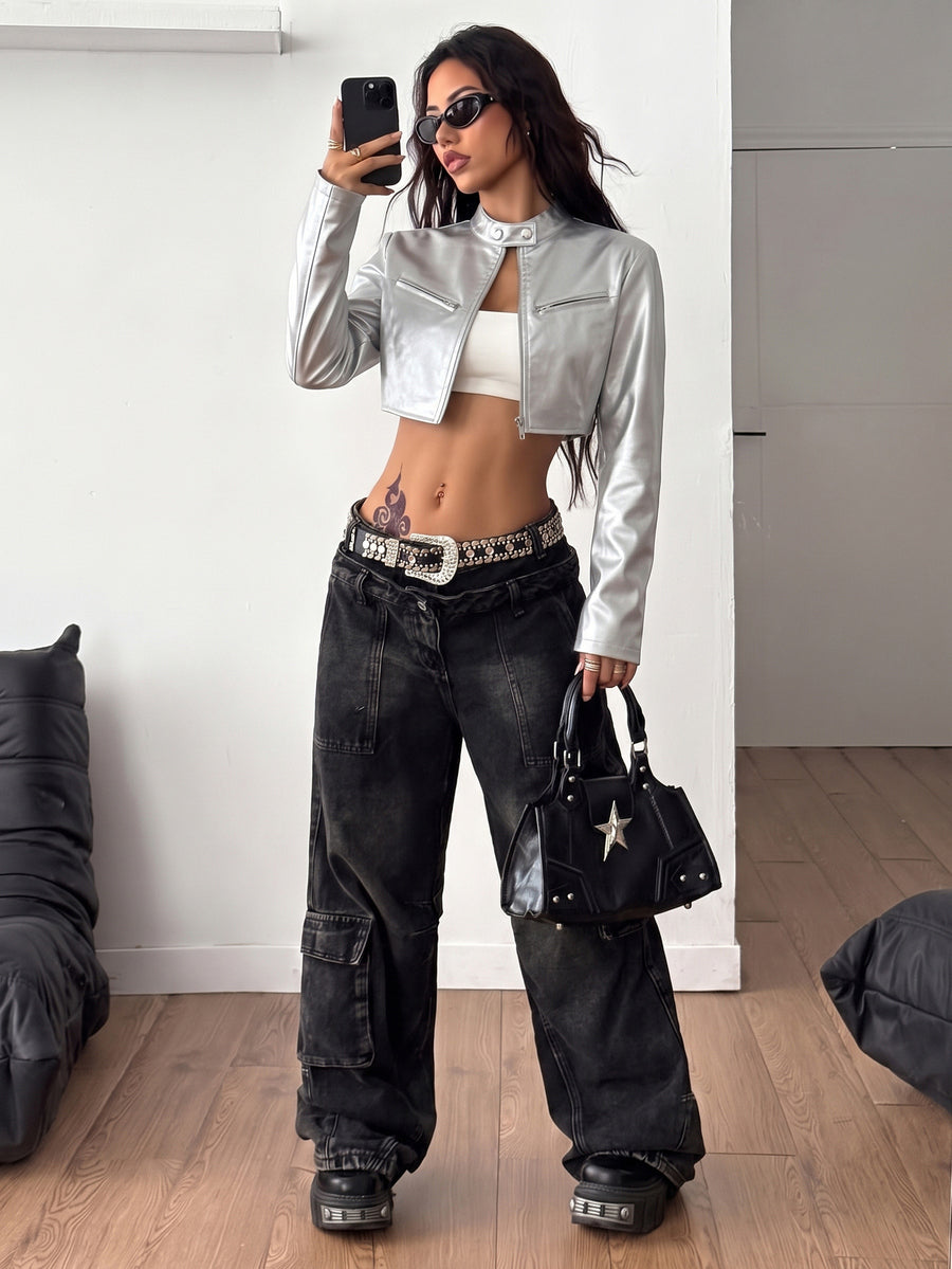 Front view of a women's black cropped PU leather jacket featuring a stand collar, long sleeves, and front zipper closure.