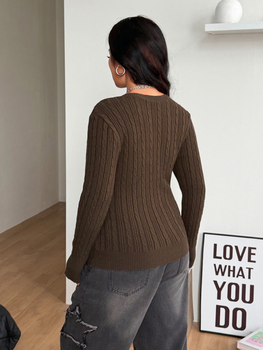 Women's brown V-neck cable knit slim fit long sleeve sweater with textured knit pattern
