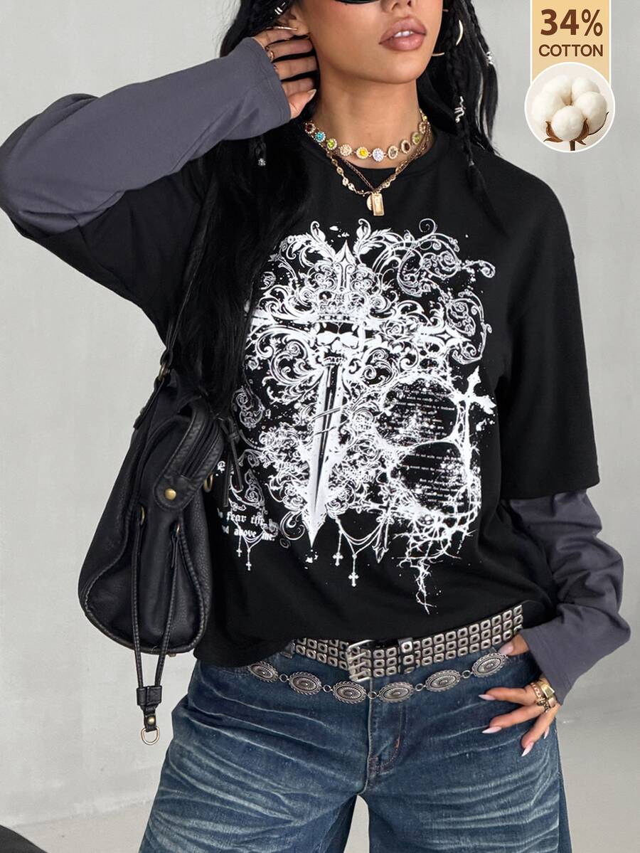 Women's casual graphic long sleeve t-shirt with a round neck, drop shoulder sleeves, and loose relaxed fit.