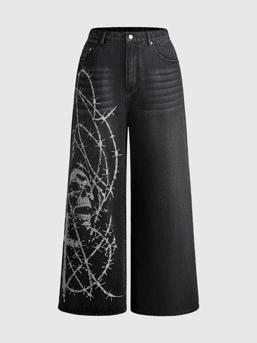 Women's gothic cross print baggy wide leg jeans made from denim with zipper fly and loose fit.