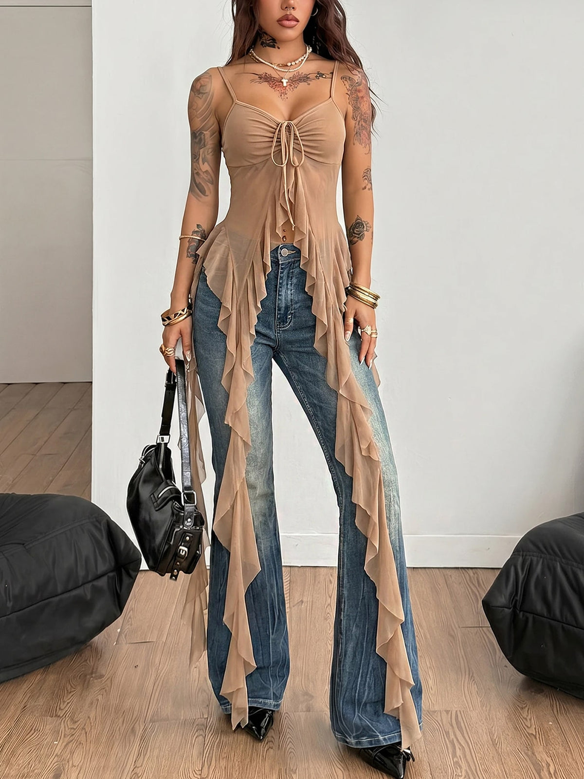 Burgundy sleeveless asymmetrical mesh long top for women featuring spaghetti straps and lace-up details with a slim fit.