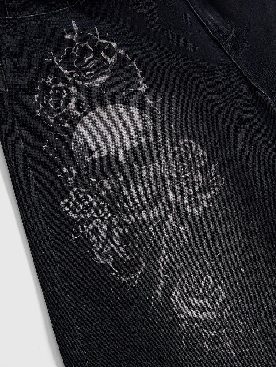 Women's gothic cross print baggy wide leg jeans made from denim with zipper fly and loose fit.