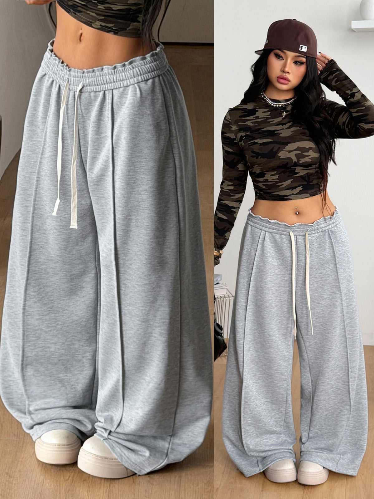 Women's loose straight leg cotton pants featuring a high waist with an adjustable drawstring knot and functional side pockets.